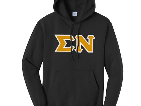 Sigma Nu Black Hoodie with Sewn On Gold Letters Discount