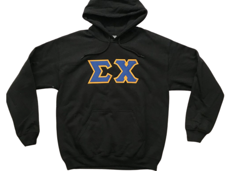 Sigma Chi Stitched Letter Hoodie | Black | Dark Royal with Gold Border Hot on Sale