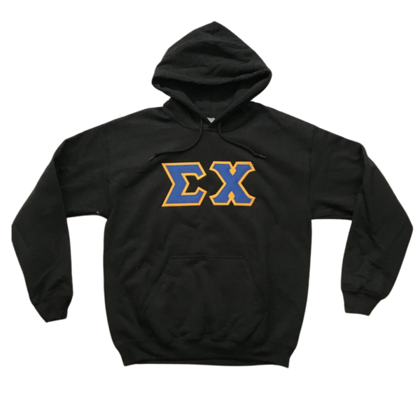 Sigma Chi Stitched Letter Hoodie | Black | Dark Royal with Gold Border Hot on Sale