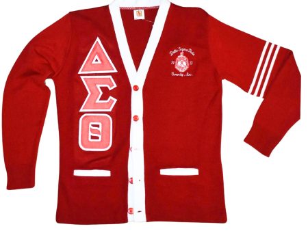 DST Cardigan Red & White w Stripes (Twill Letters) For Cheap