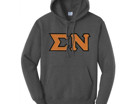 Sigma Nu Dark Heather Hoodie with Sewn On Letters For Cheap