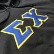 Sigma Chi Stitched Letter Hoodie | Black | Dark Royal with Gold Border Hot on Sale