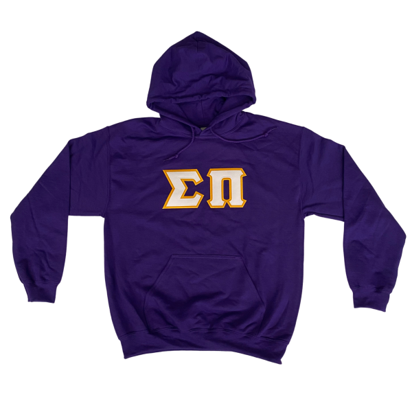 Sigma Pi Stitched Letter Hoodie | Purple | White with Gold Border Fashion