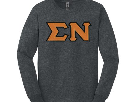 Sigma Nu Charcoal Heather Long Sleeve Tee with Sewn On Letters For Sale