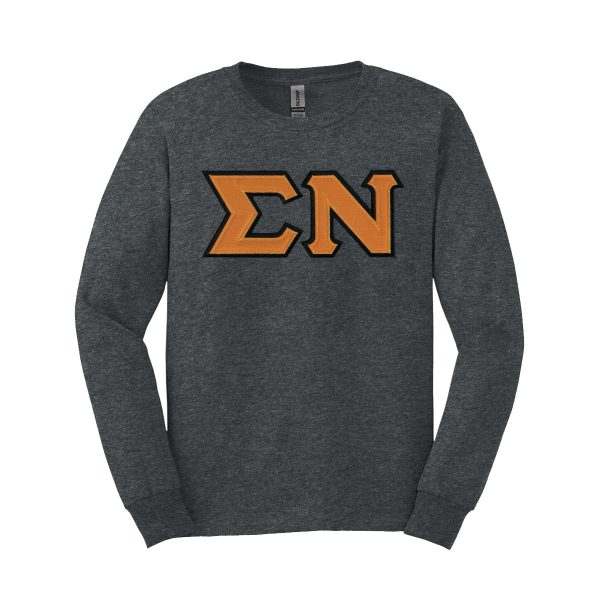 Sigma Nu Charcoal Heather Long Sleeve Tee with Sewn On Letters For Sale