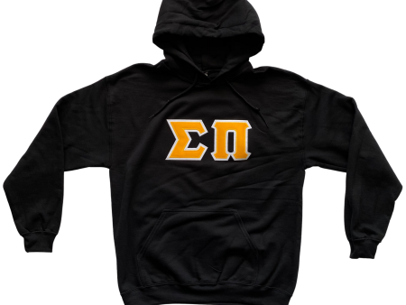 Sigma Pi Stitched Letter Hoodie | Black | Gold with White Border For Discount