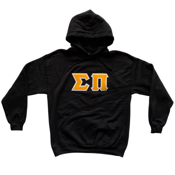 Sigma Pi Stitched Letter Hoodie | Black | Gold with White Border For Discount