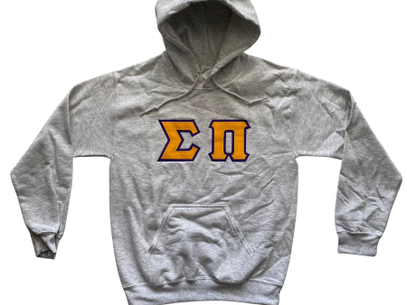 Sigma Pi Stitched Letter Hoodie | Ash | Gold with Purple Border on Sale