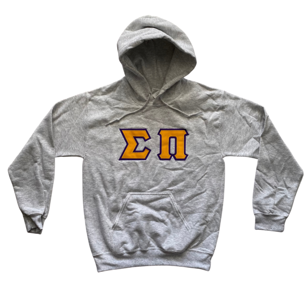 Sigma Pi Stitched Letter Hoodie | Ash | Gold with Purple Border on Sale