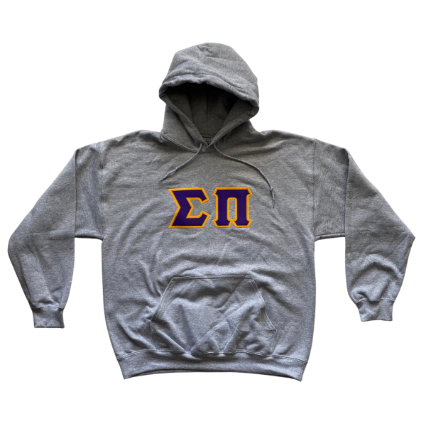 Sigma Pi Stitched Letter Hoodie | Purple with Gold Border on Sale