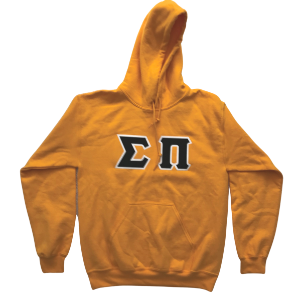 Sigma Pi Stitched Letter Hoodie | Yellow | Black with White border Sale