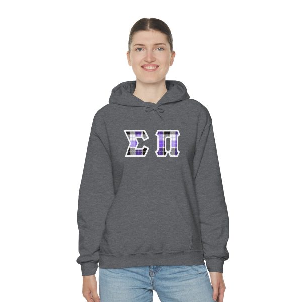 Sigma Pi Printed Letter Hoodie | Purple Plaid Hot on Sale