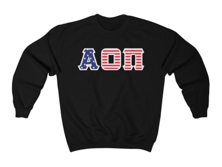 Alpha Omicron Pi Printed Letters | American Flag Pattern Crewneck Supply