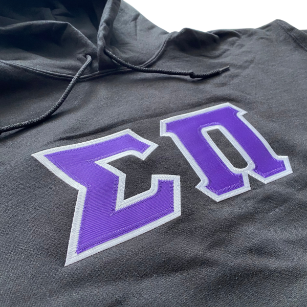 Sigma Pi Stitched Letter Hoodie | Black | Purple with White Border Supply