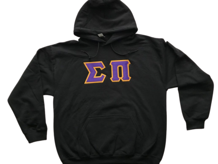 Sigma Pi Stitched Letter Hoodie | Purple with Gold Border on Sale