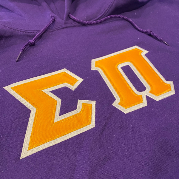 Sigma Pi Stitched Letter Hoodie | Purple | Gold with White Border Supply