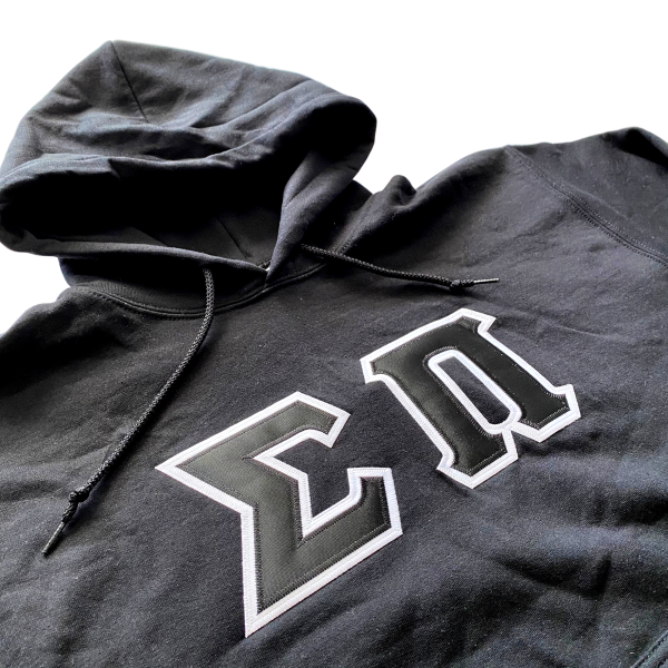 Sigma Pi Stitched Letter Hoodie | Black | Black with White Border on Sale