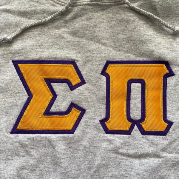 Sigma Pi Stitched Letter Hoodie | Ash | Gold with Purple Border on Sale