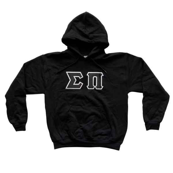 Sigma Pi Stitched Letter Hoodie | Black | Black with White Border on Sale