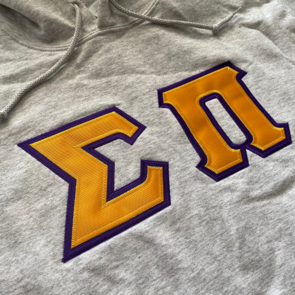 Sigma Pi Stitched Letter Hoodie | Ash | Gold with Purple Border on Sale